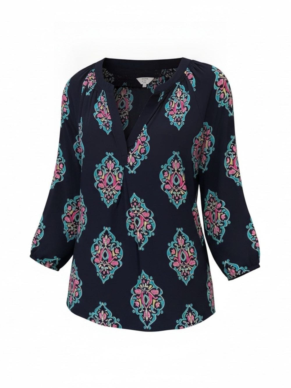 crown & ivy Navy Pink Aqua Medallion Split-Neck Blouse